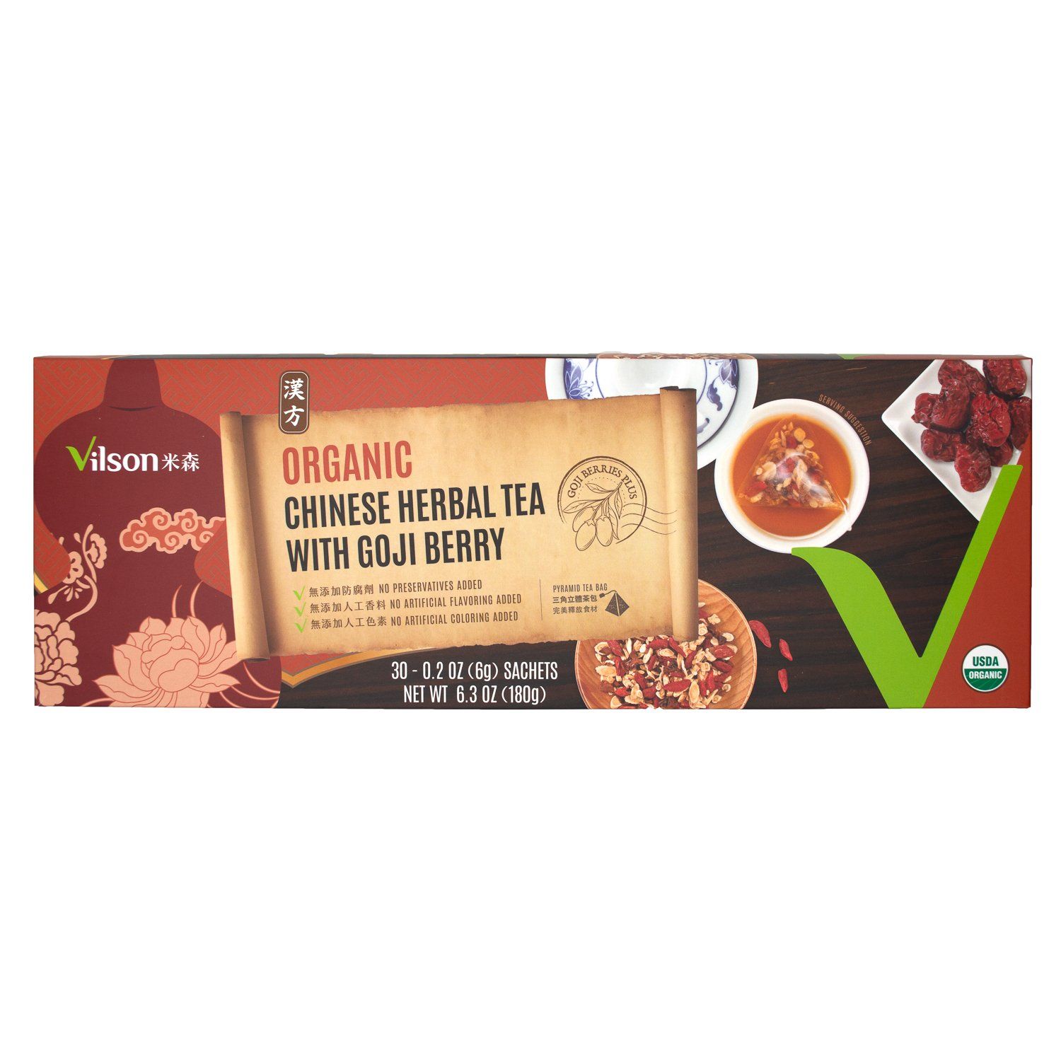 Vilson Organic Chinese Herbal Tea with Goji Berry Vilson 30 Pyramid Tea Bags 